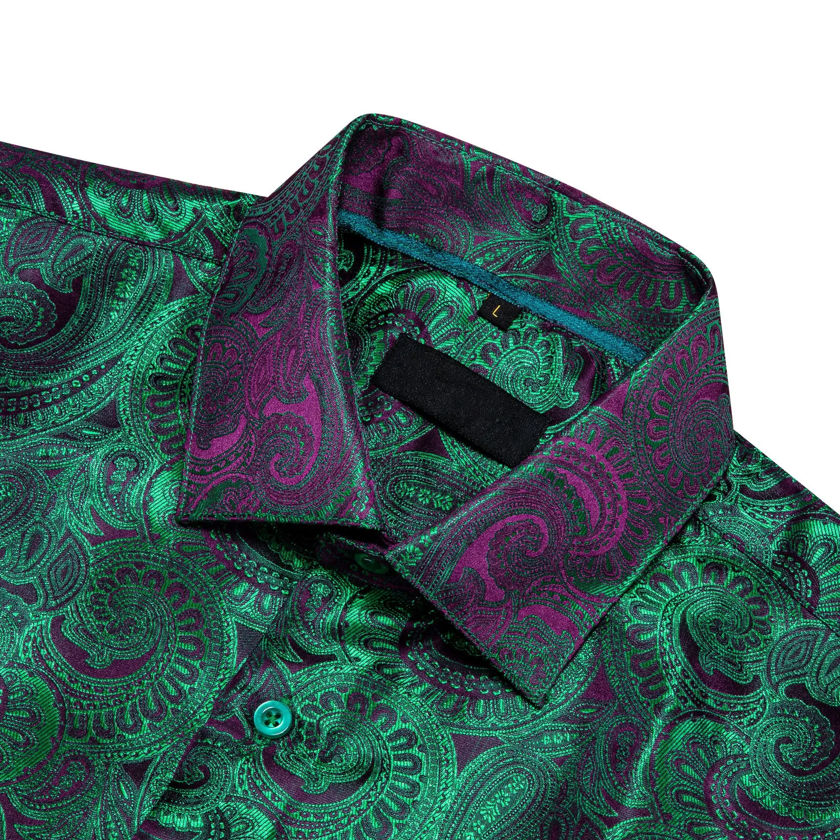 Luxury Purple Green Gradient Paisley Pattern Silk Men's Long Sleeve Shirt