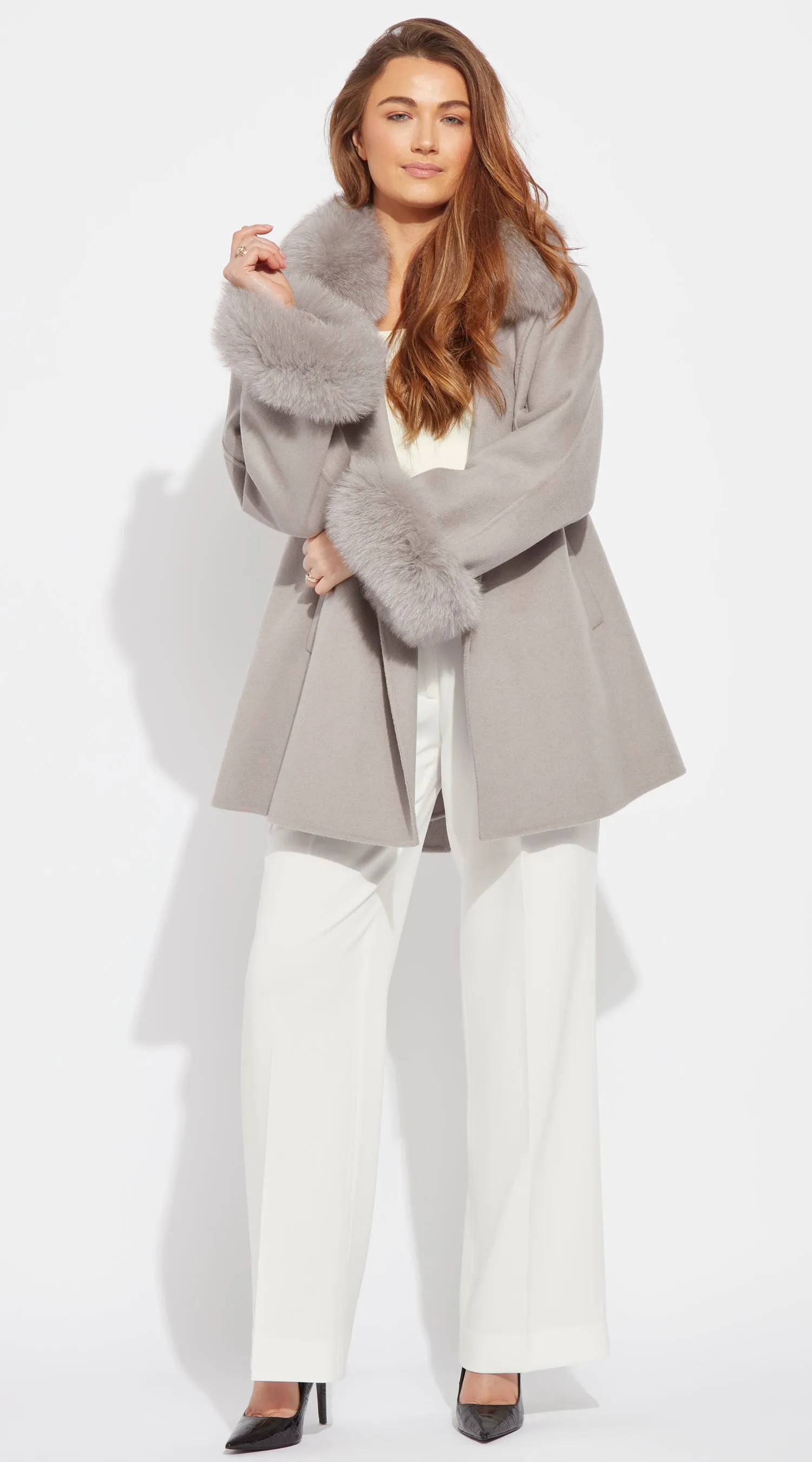 Luxy Cashmere & Fox Fur Belted Wrap Coat - Warm Grey