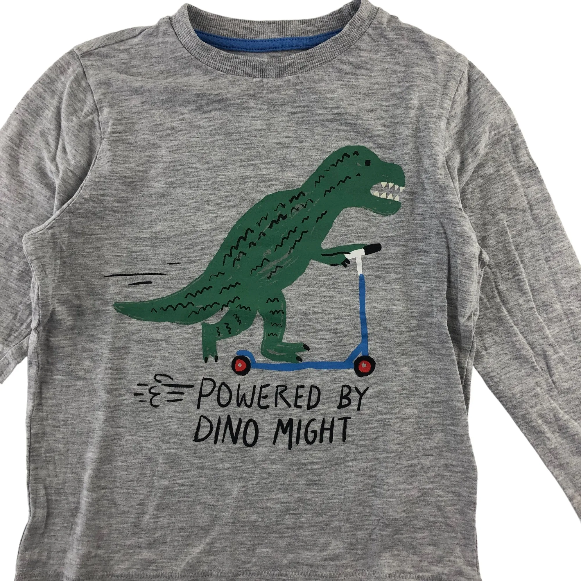 M&S t-shirt 5-6 years light grey scooter dinosaur long sleeve