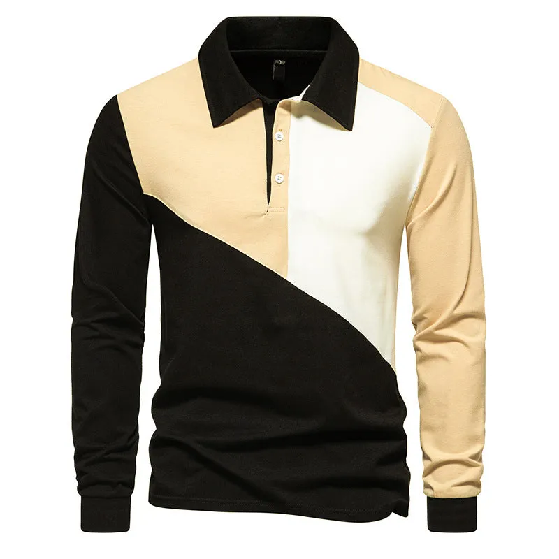 Men Turnover Collar Buttons Bicolor Long Sleeves T-Shirt