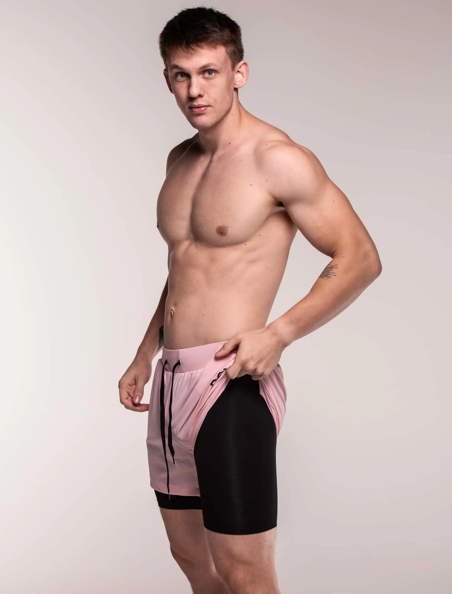 Mens Double Layer Sports Shorts - Pink