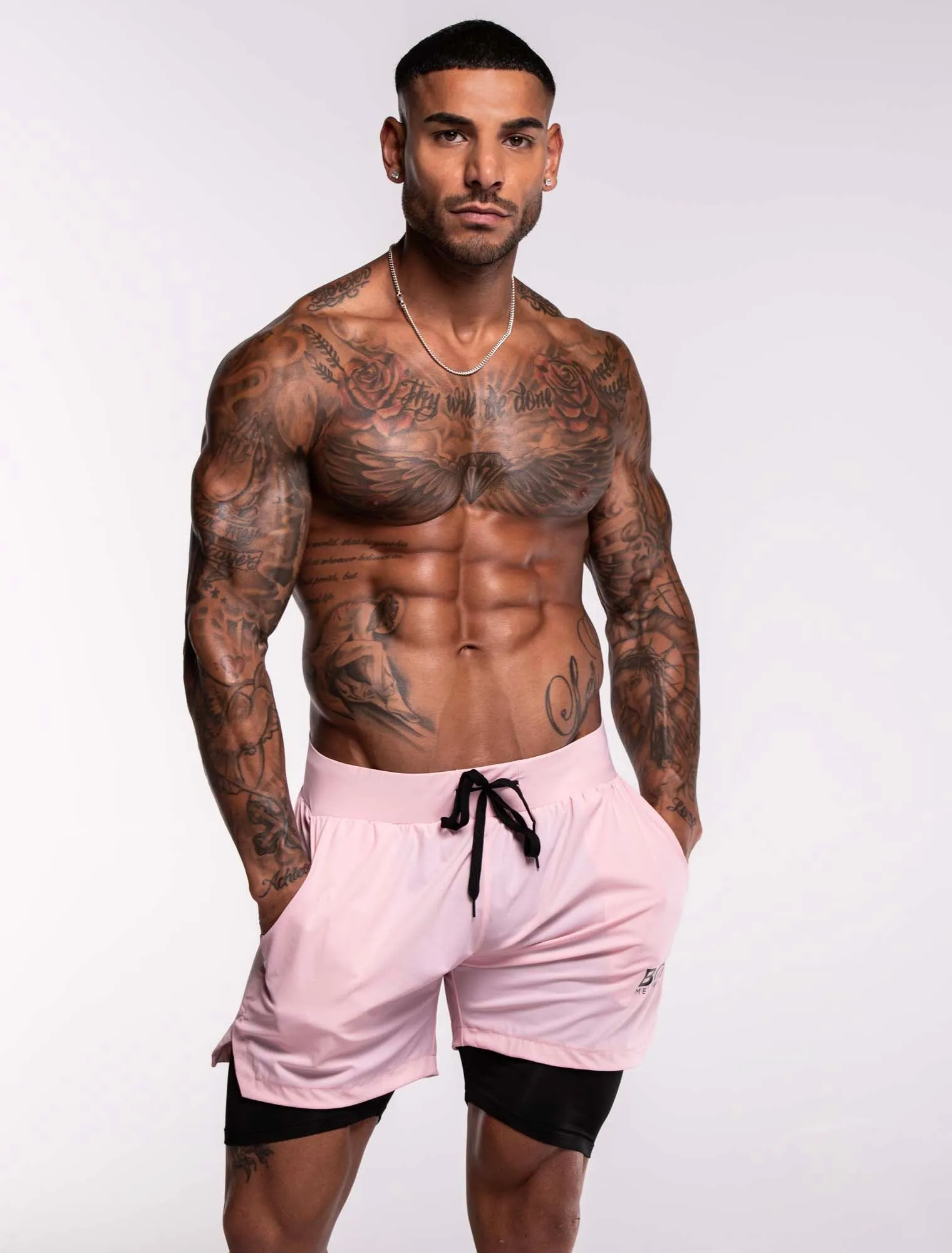 Mens Double Layer Sports Shorts - Pink