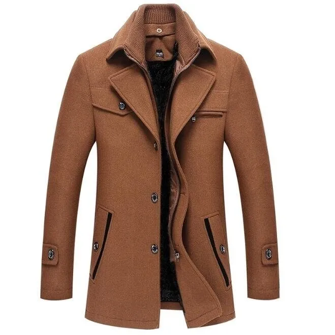 Men's Mid Long Wool Pea Coat Single Breasted Overcoat Winter Trench Coat