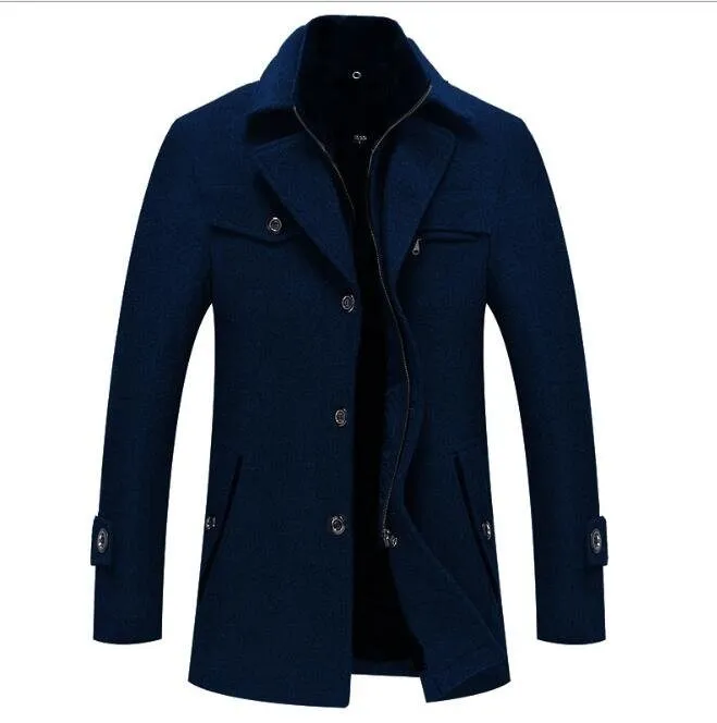 Men's Mid Long Wool Pea Coat Single Breasted Overcoat Winter Trench Coat