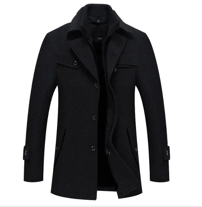 Men's Mid Long Wool Pea Coat Single Breasted Overcoat Winter Trench Coat