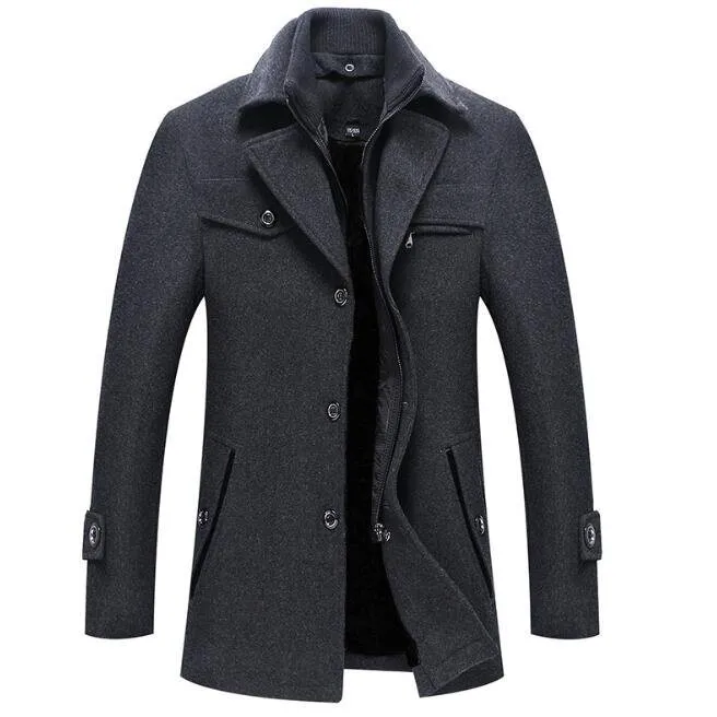 Men's Mid Long Wool Pea Coat Single Breasted Overcoat Winter Trench Coat