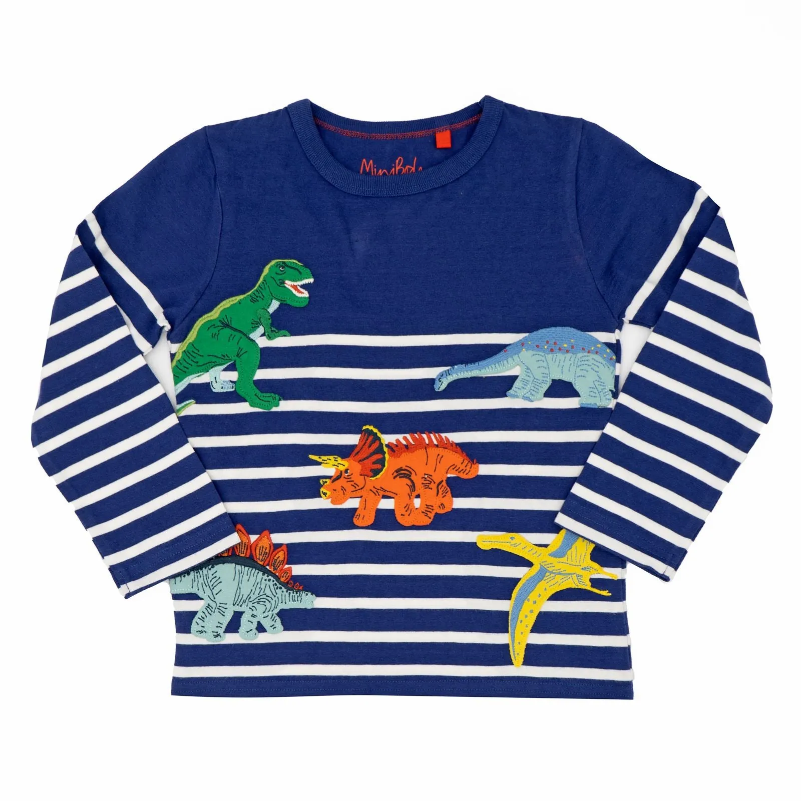 Mini Boden Boys Blue Stripe Long Sleeve Dinosaurs Aplique Tops