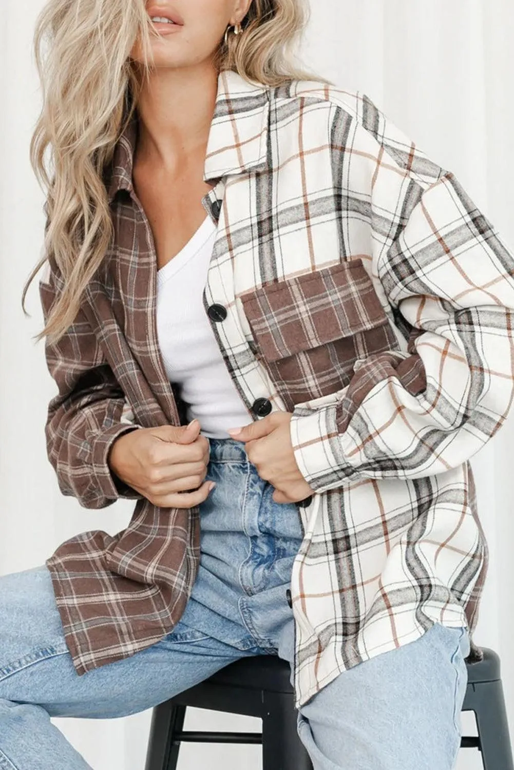 Mixed Brown Plaid Oversized Plaid Shirt Soft Shacket