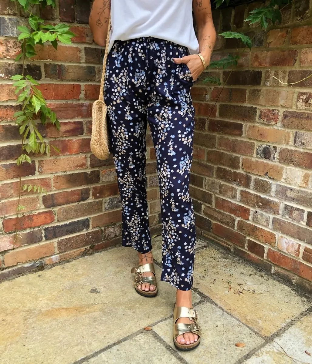 Navy Flower Print Linen Blend Trousers