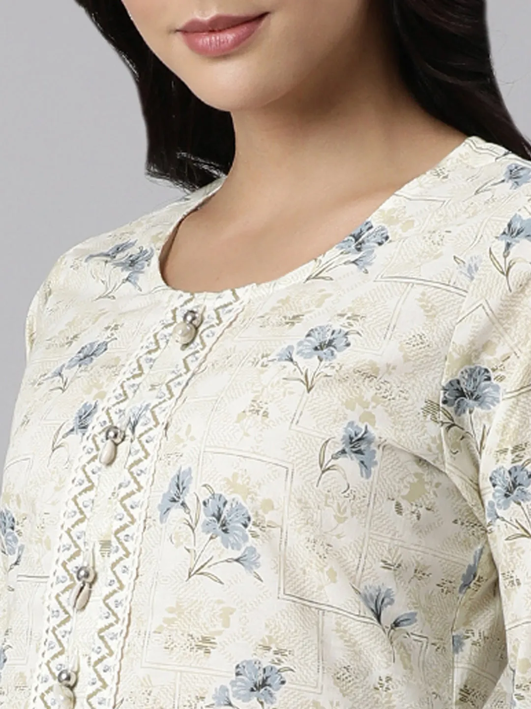 Neerus Off White Panelled Straight Printed Kurta And Trousers With Dupatta