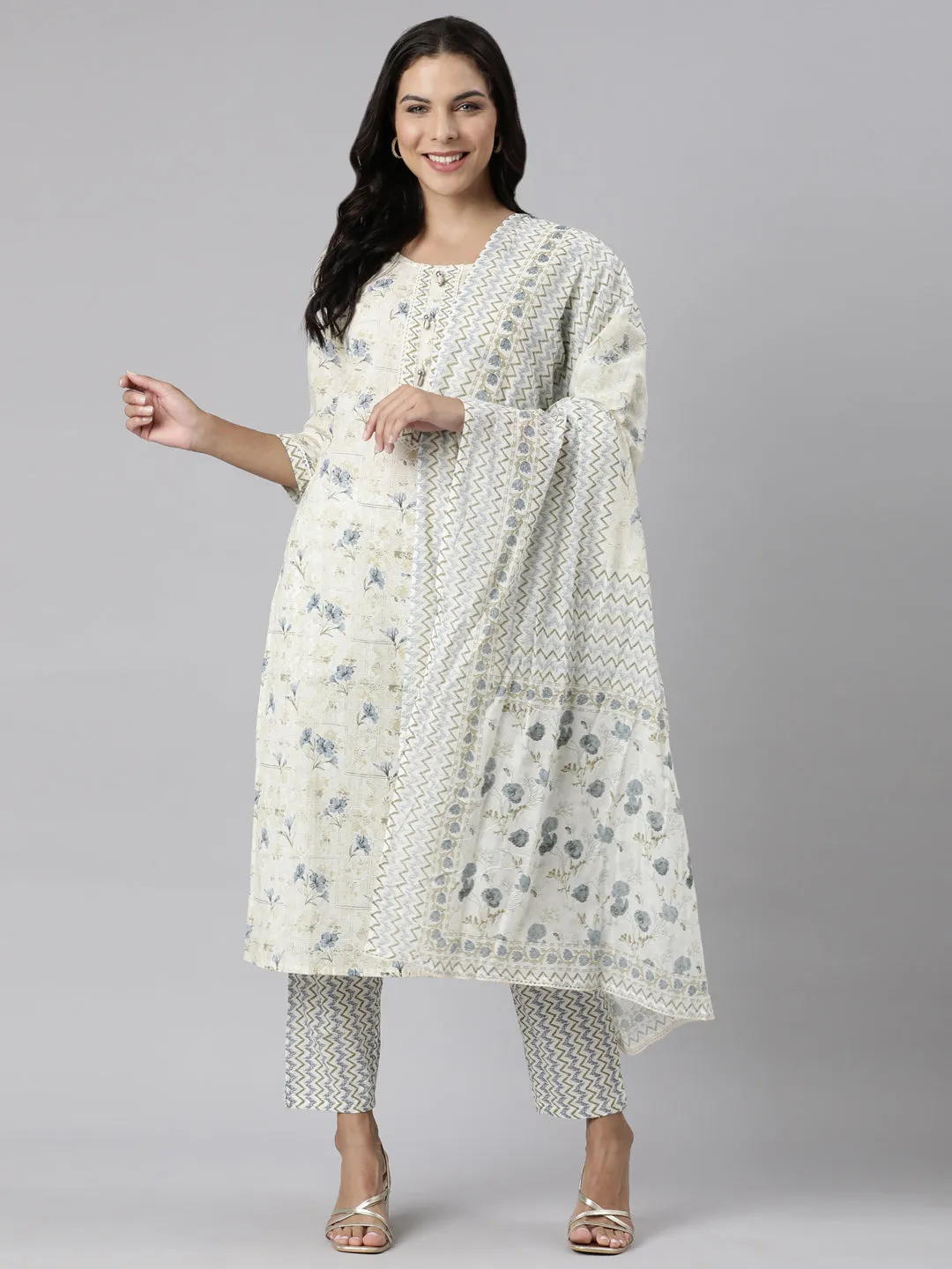 Neerus Off White Panelled Straight Printed Kurta And Trousers With Dupatta