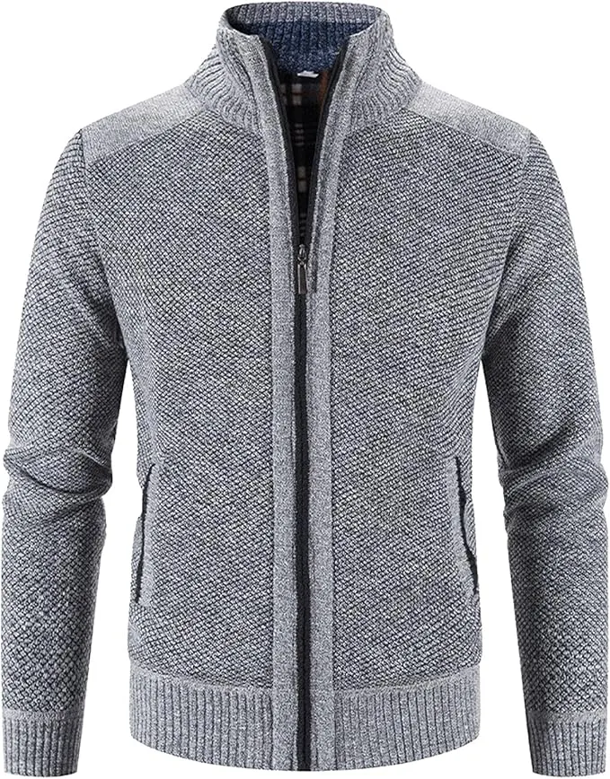 NEW Men's Thicken Cardigan Sweater Winter Thermal Sweaters Coat Full Zip Quilted Jacket Business Casual Knit Outwear, Fits Like a Large, Grey