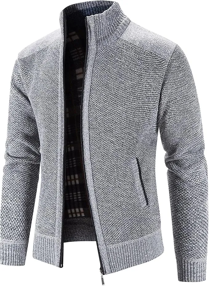 NEW Men's Thicken Cardigan Sweater Winter Thermal Sweaters Coat Full Zip Quilted Jacket Business Casual Knit Outwear, Fits Like a Large, Grey