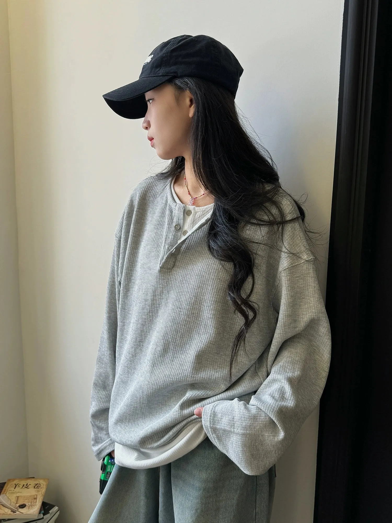 Nine Two-Piece Buttoned Knit Long Sleeve T-Shirt