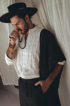 Off-White Linen Shirt for Men with Handmade Braids