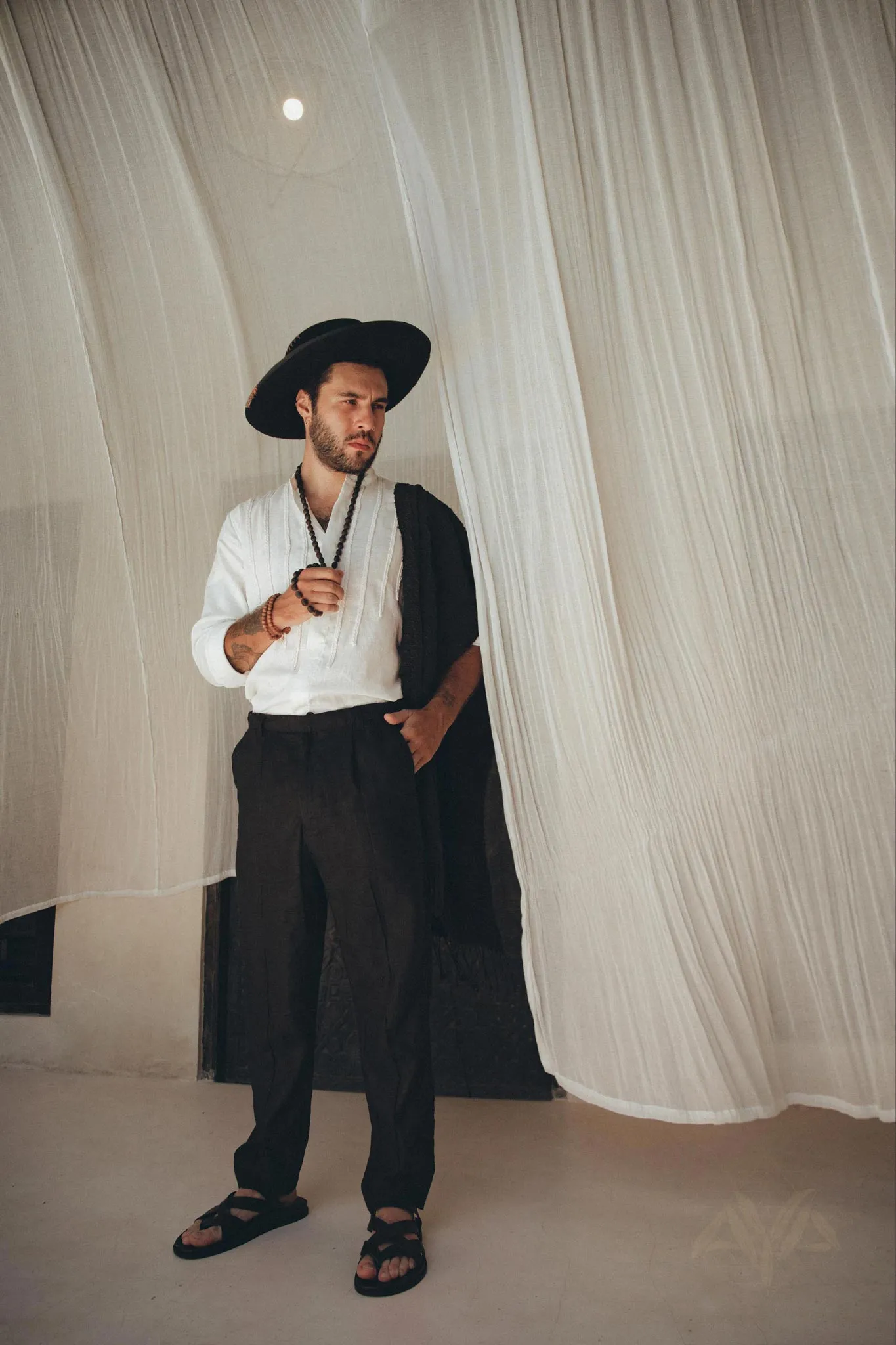 Off-White Linen Shirt for Men with Handmade Braids