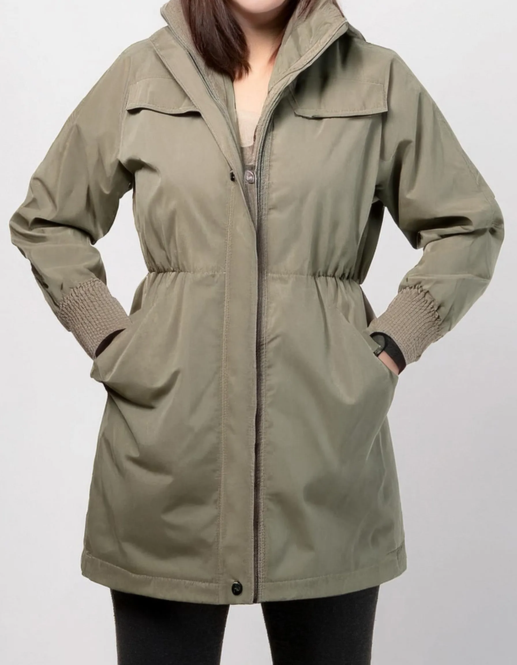 Olive Green Quilted Parka with Adjustable Waist