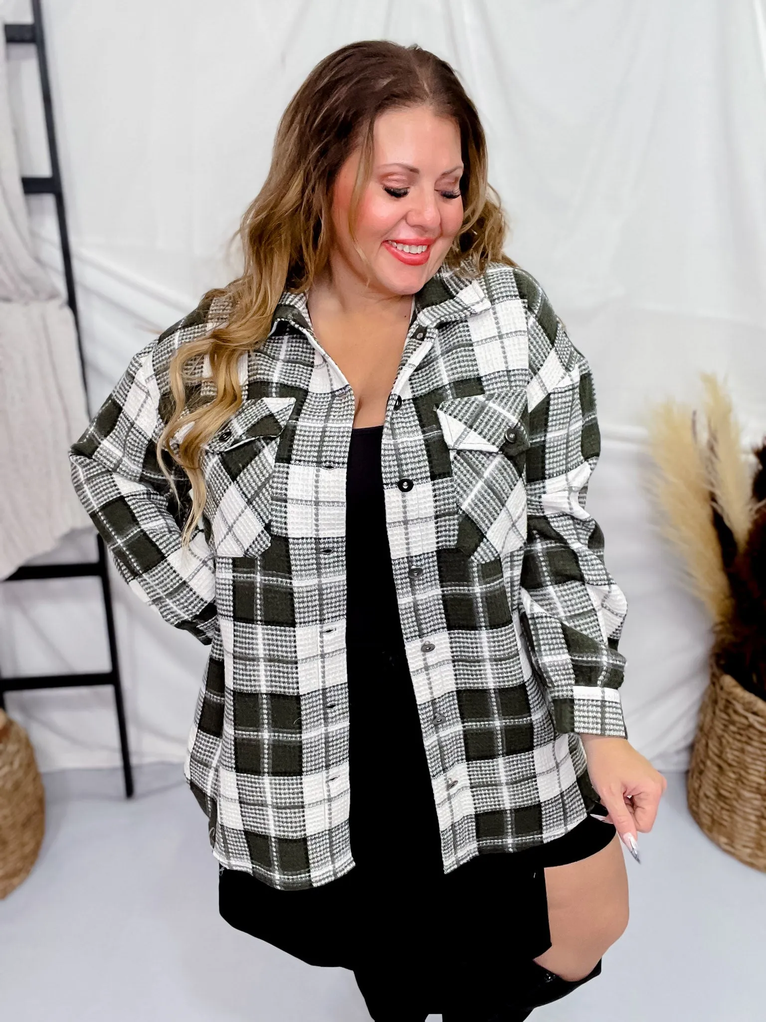 Olive Plaid Long Sleeve Button Front Shacket