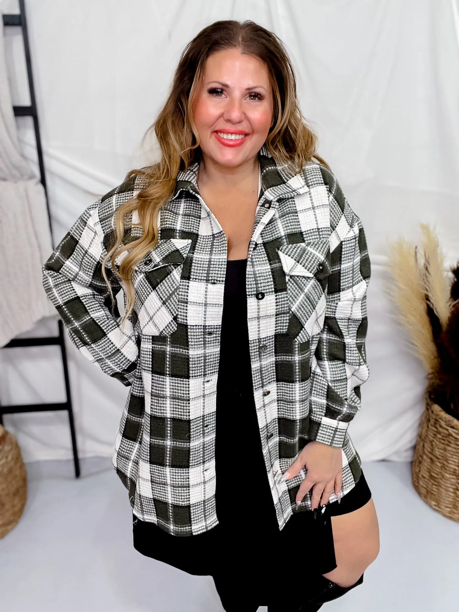 Olive Plaid Long Sleeve Button Front Shacket