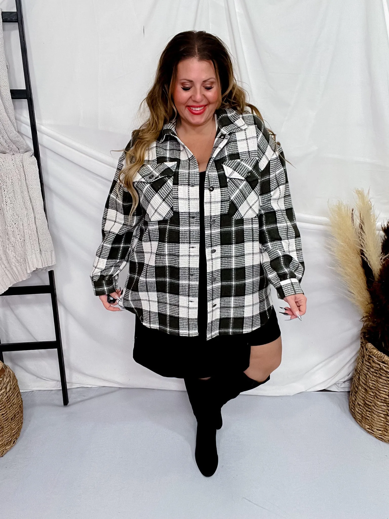 Olive Plaid Long Sleeve Button Front Shacket