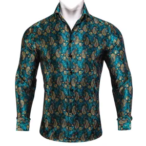 Orange Blue Paisley Silk Men's Long Sleeve Shirt