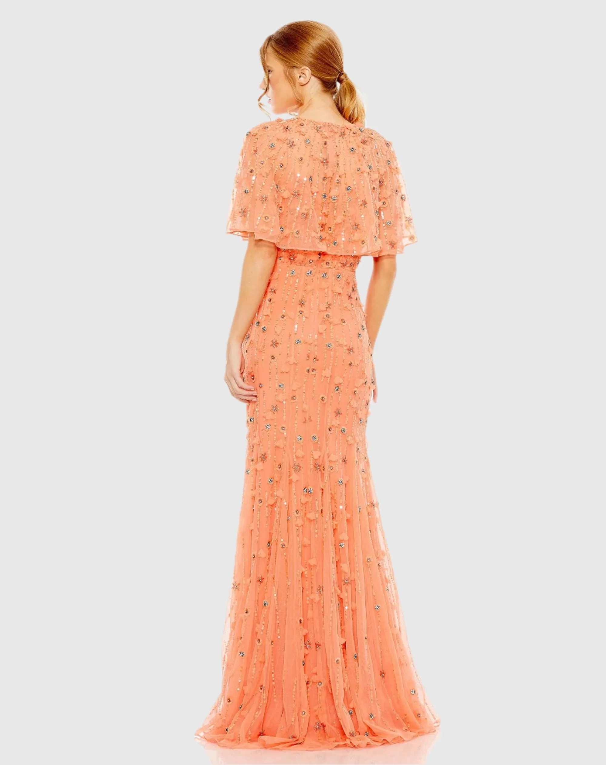 Orange Embellished Illusion Cape Sleeve Trumpet Gown