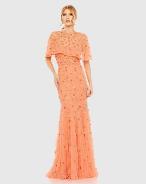 Orange Embellished Illusion Cape Sleeve Trumpet Gown