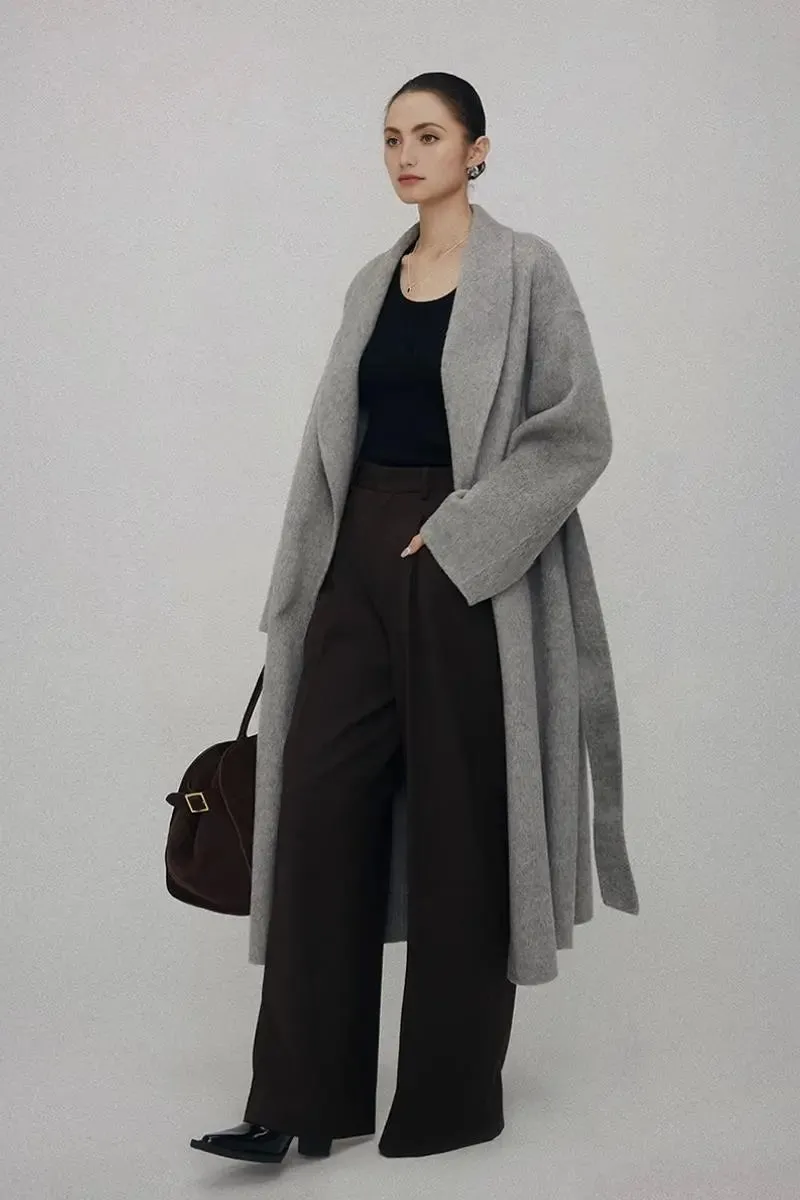 Oversized 100 Wool Open-Front Coat with Belt