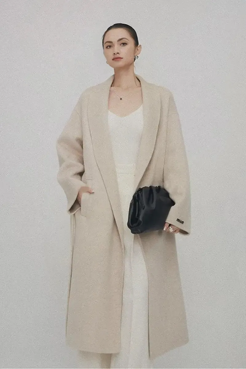 Oversized 100 Wool Open-Front Coat with Belt