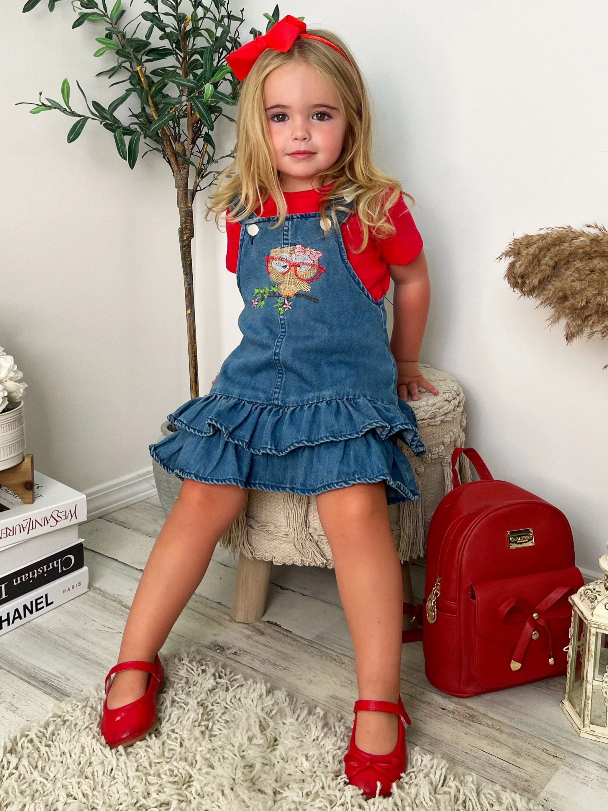 Owl Denim Overall Dress Set