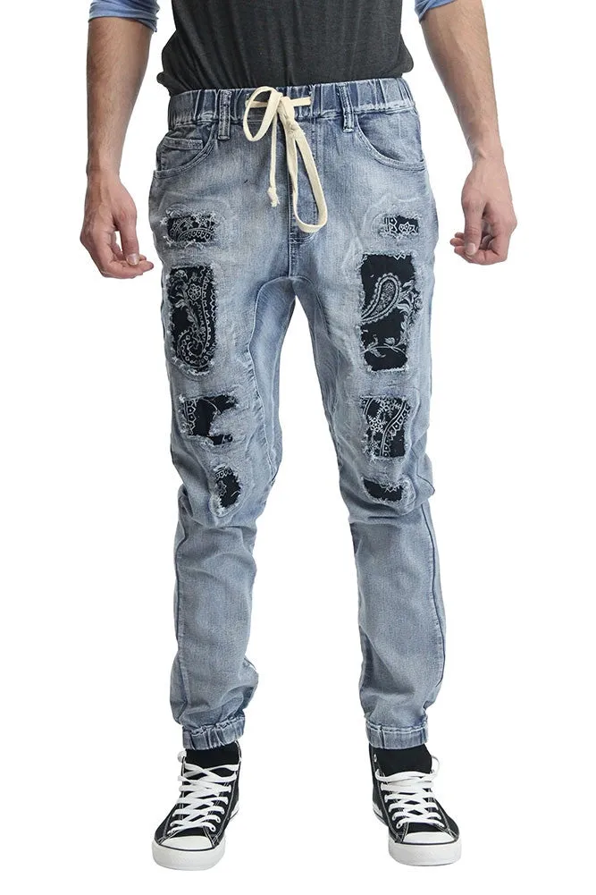 Paisley Distressed Denim Jogger Pants