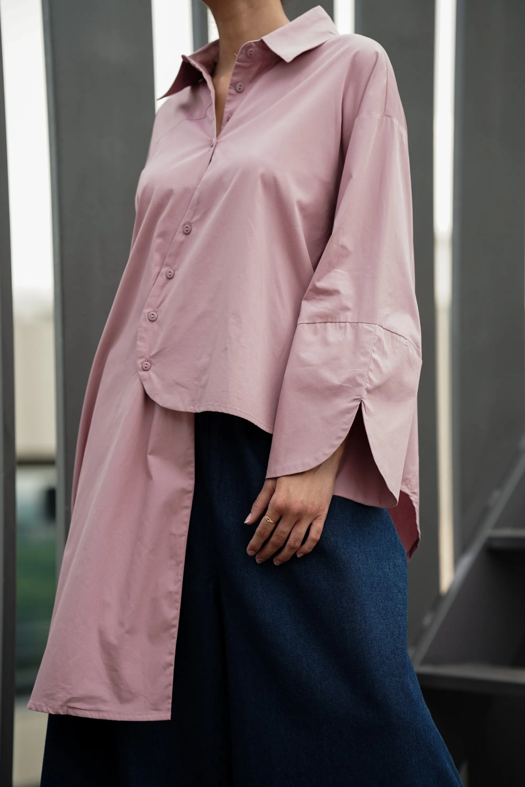 Pink Asymmetrical Full-Sleeve Oversized Shirt