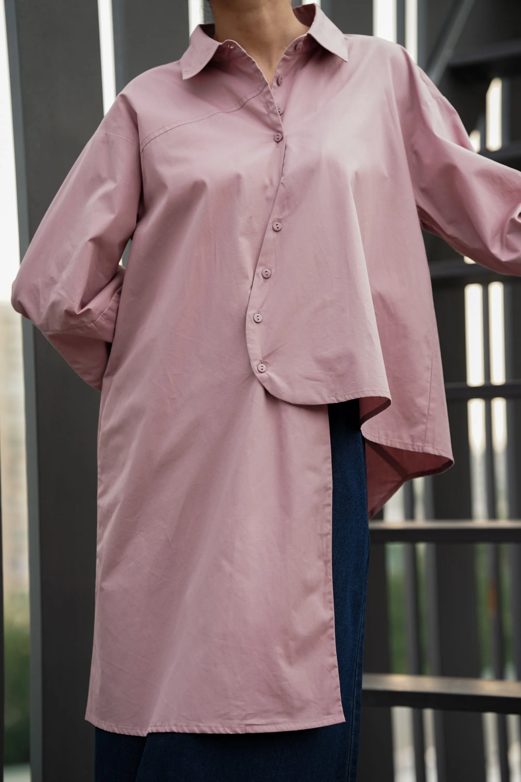 Pink Asymmetrical Full-Sleeve Oversized Shirt