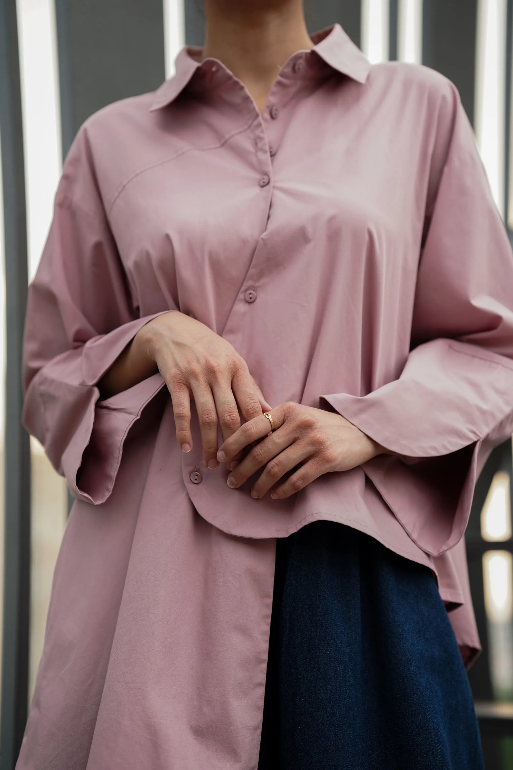 Pink Asymmetrical Full-Sleeve Oversized Shirt