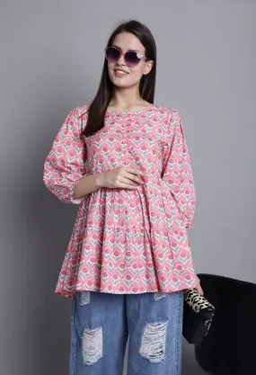 Pink  Pure cotton Jaipuri Printed Short Top