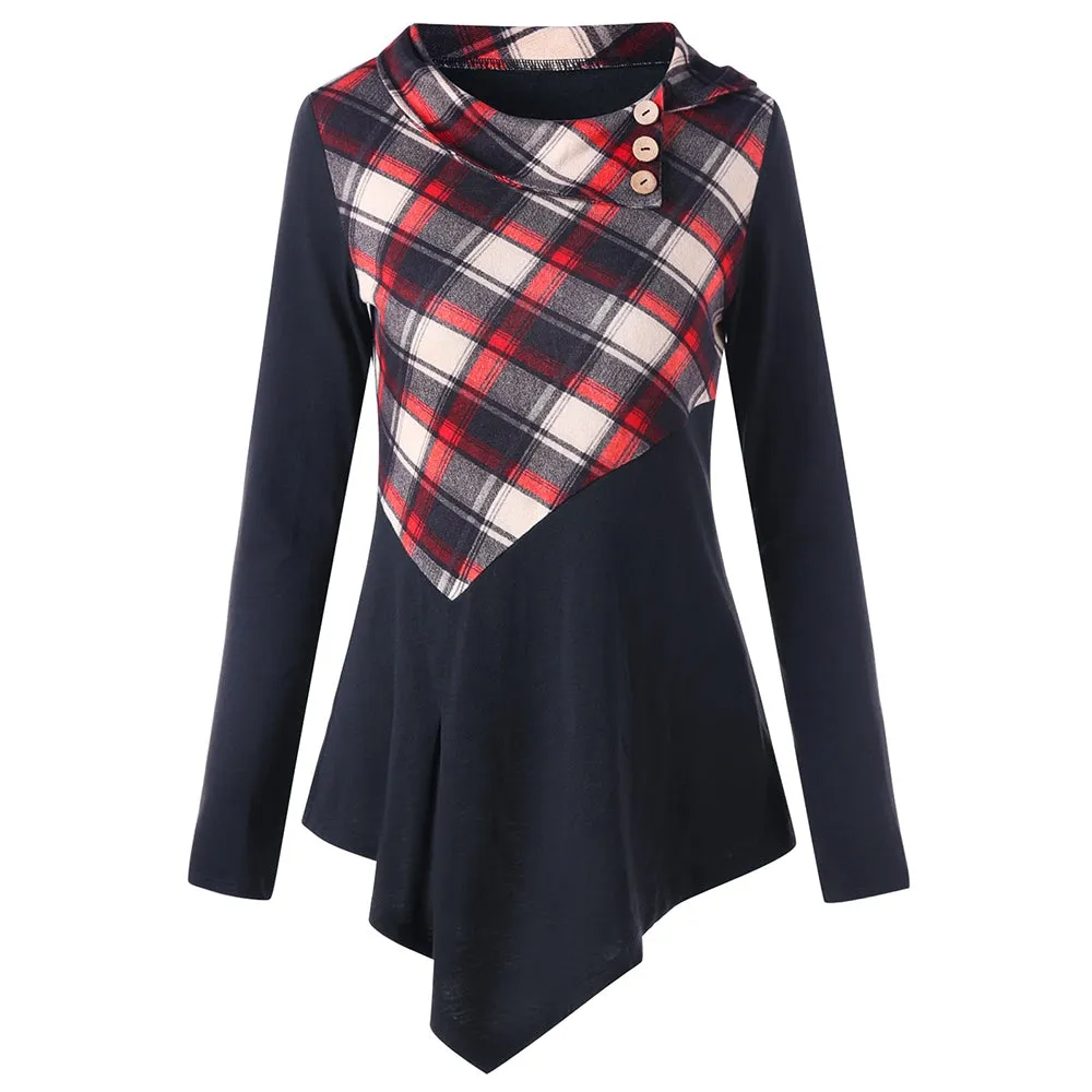 Plaid Panel Irregular Long Sleeve T-shirt 5503