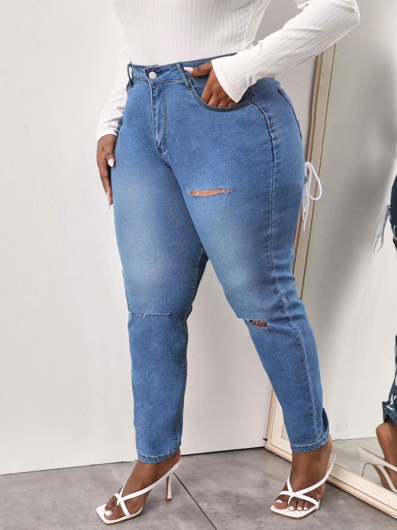 Plain Tie Back Natural Long Plus Size Jeans