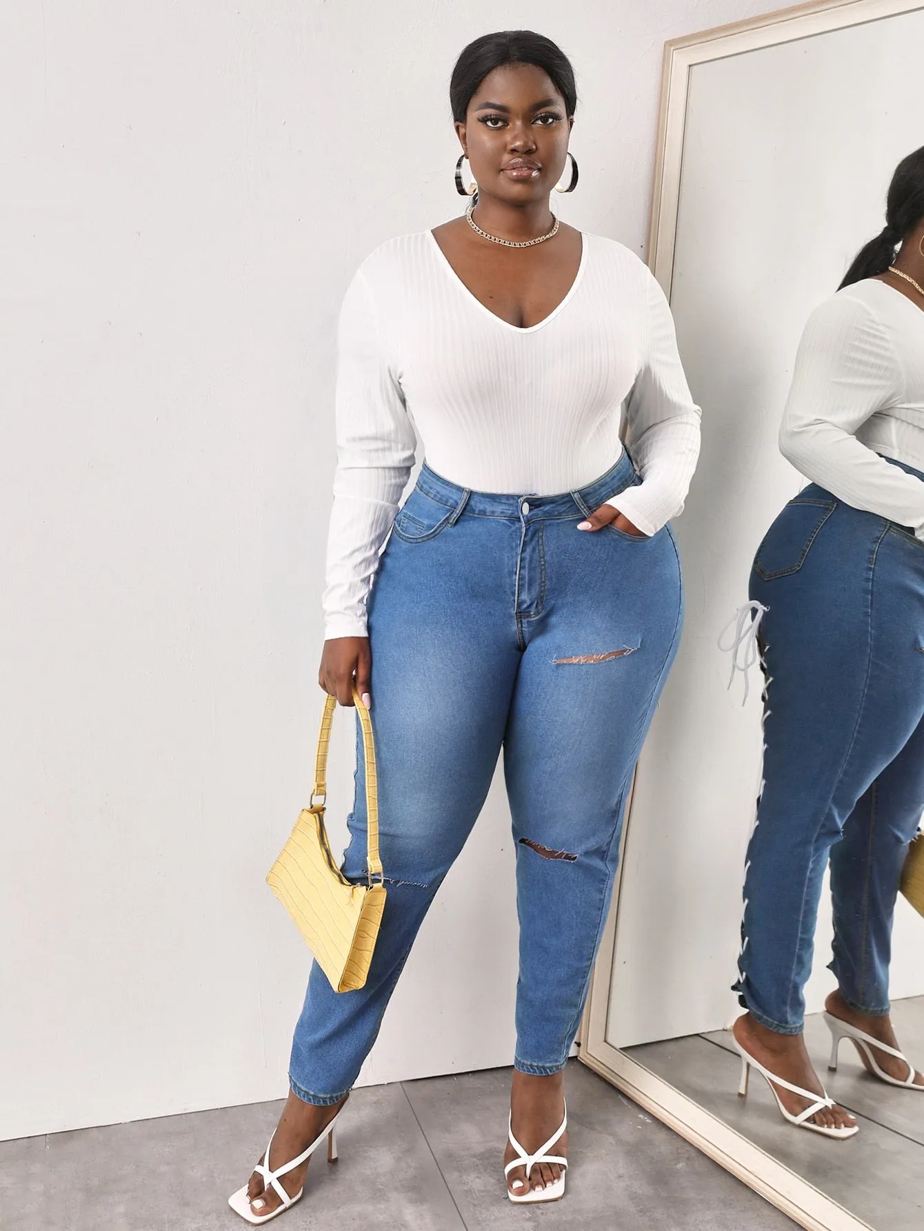 Plain Tie Back Natural Long Plus Size Jeans