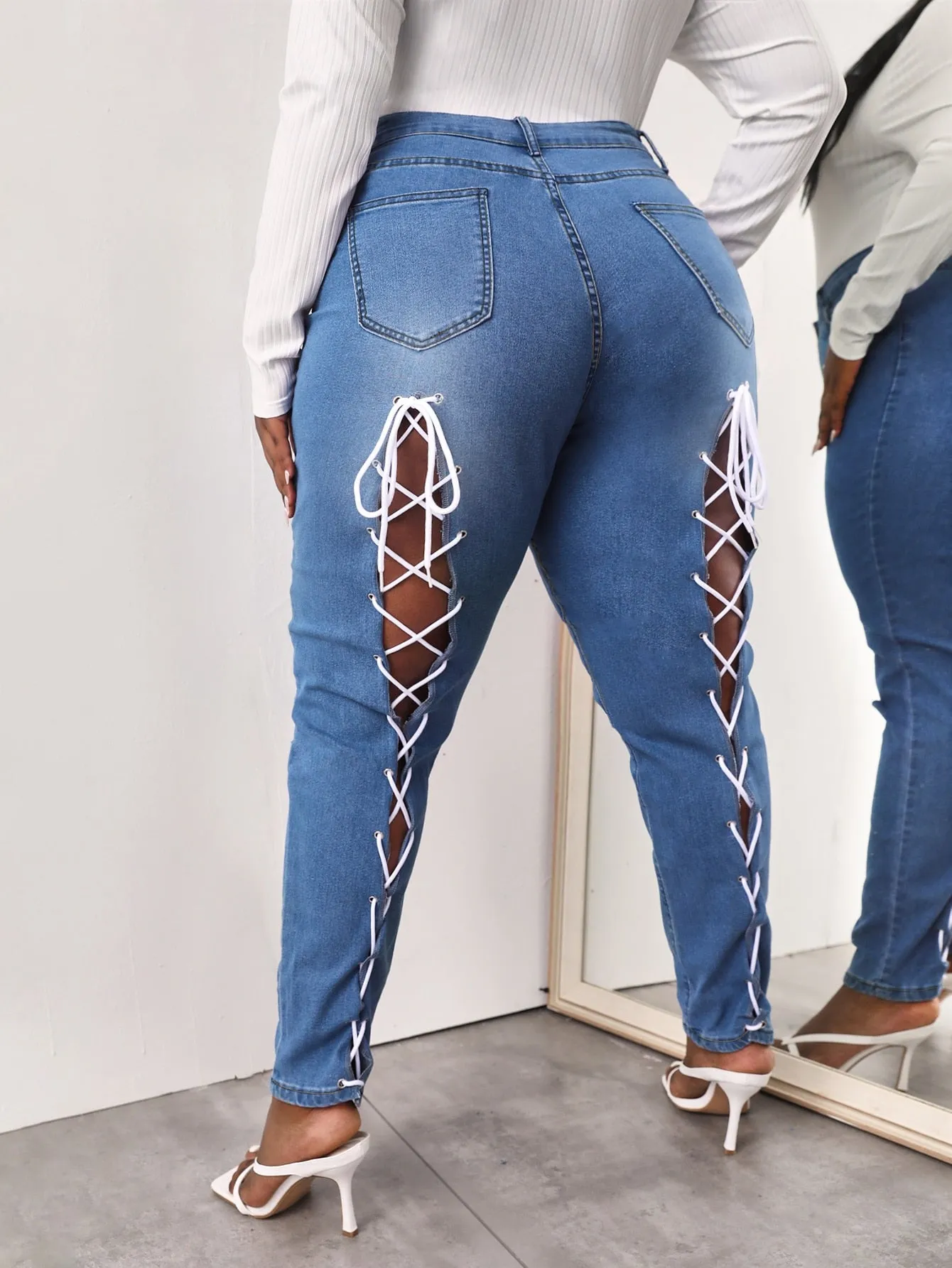 Plain Tie Back Natural Long Plus Size Jeans