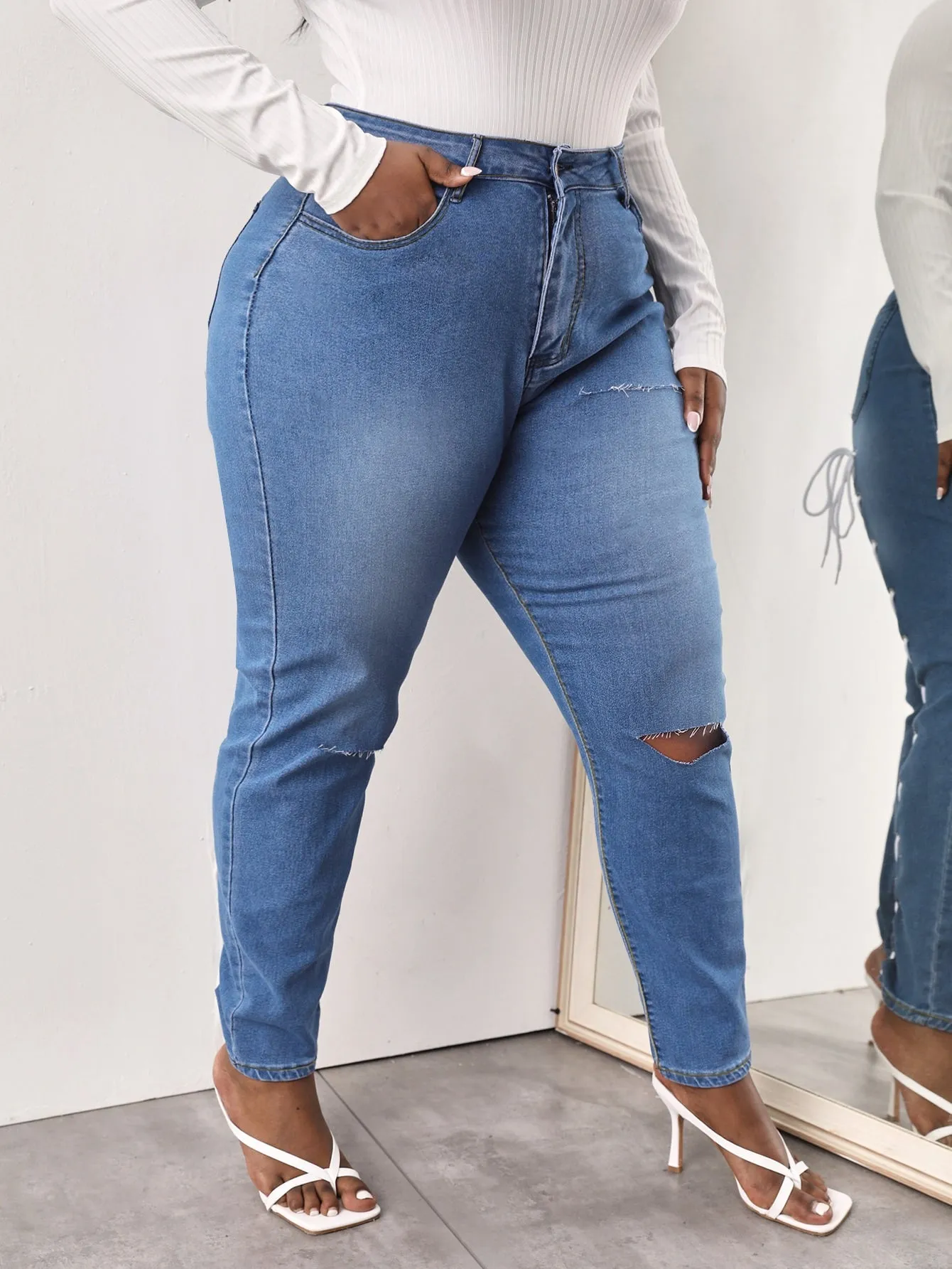 Plain Tie Back Natural Long Plus Size Jeans