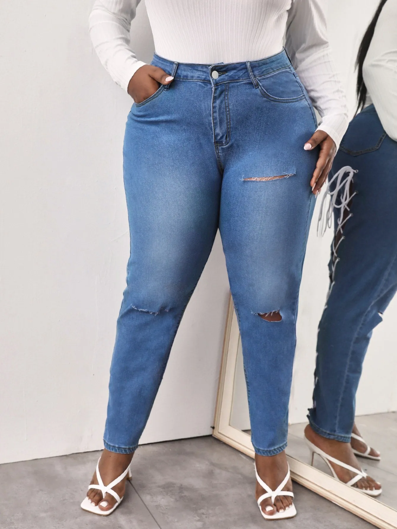 Plain Tie Back Natural Long Plus Size Jeans