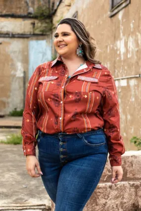 Plus Size Button Down Brown Aztec Plus Size Top