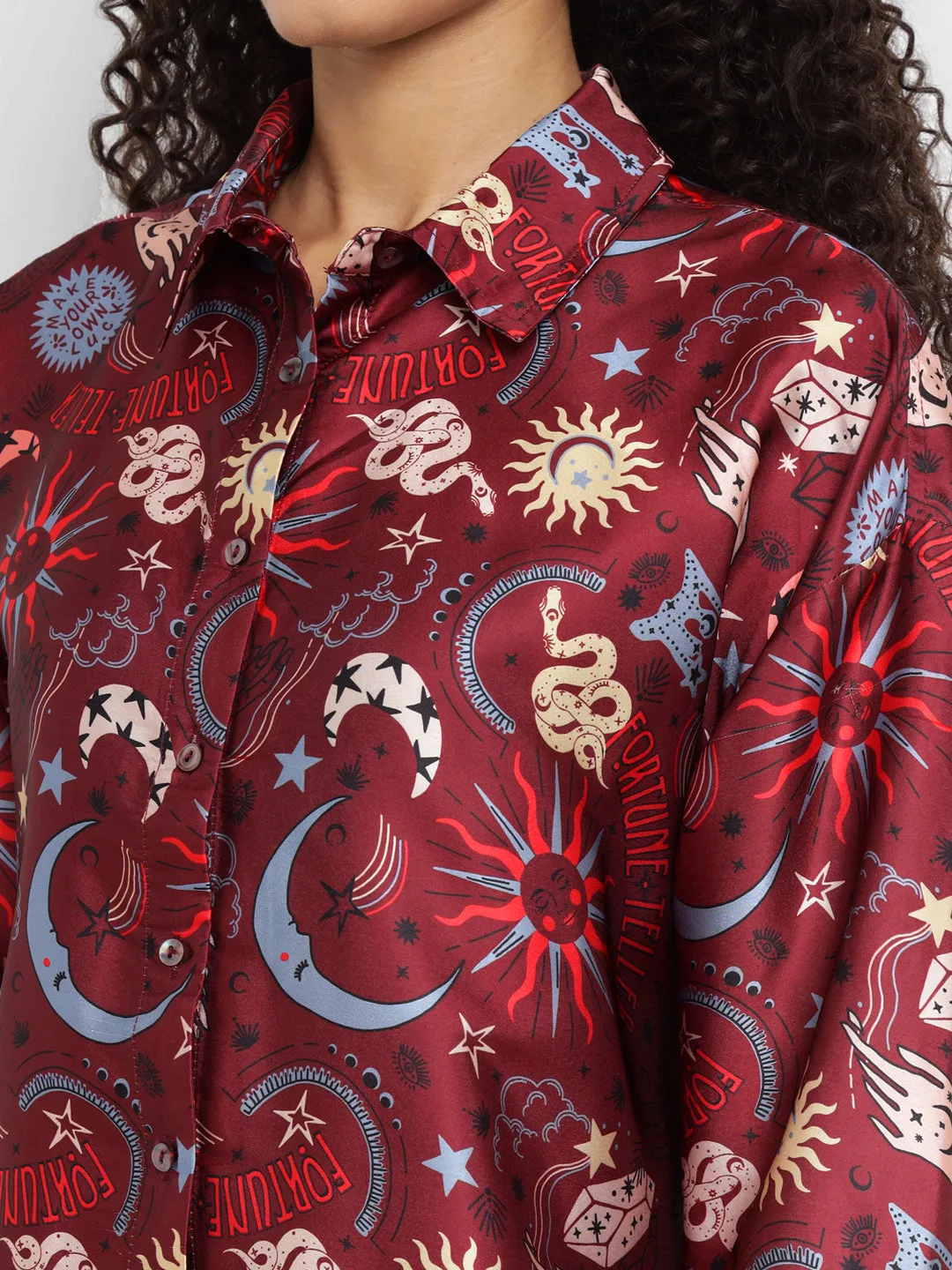 Porsorte Women’s Maroon Satin Printed Full Sleeves & Button-Down Collar Shirt