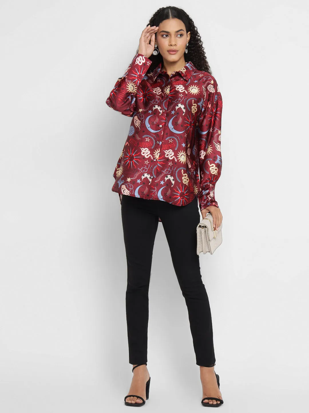 Porsorte Women’s Maroon Satin Printed Full Sleeves & Button-Down Collar Shirt