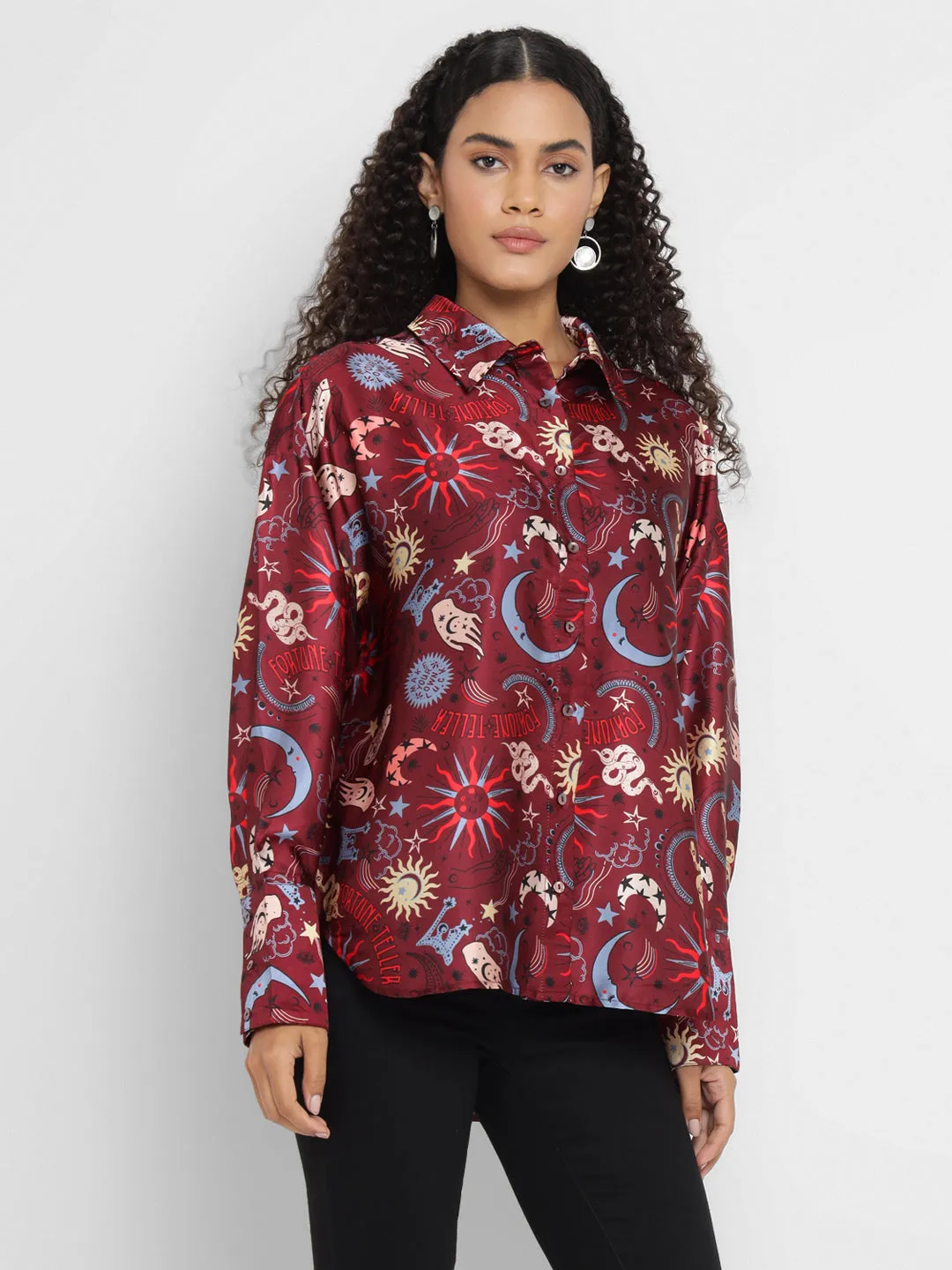 Porsorte Women’s Maroon Satin Printed Full Sleeves & Button-Down Collar Shirt