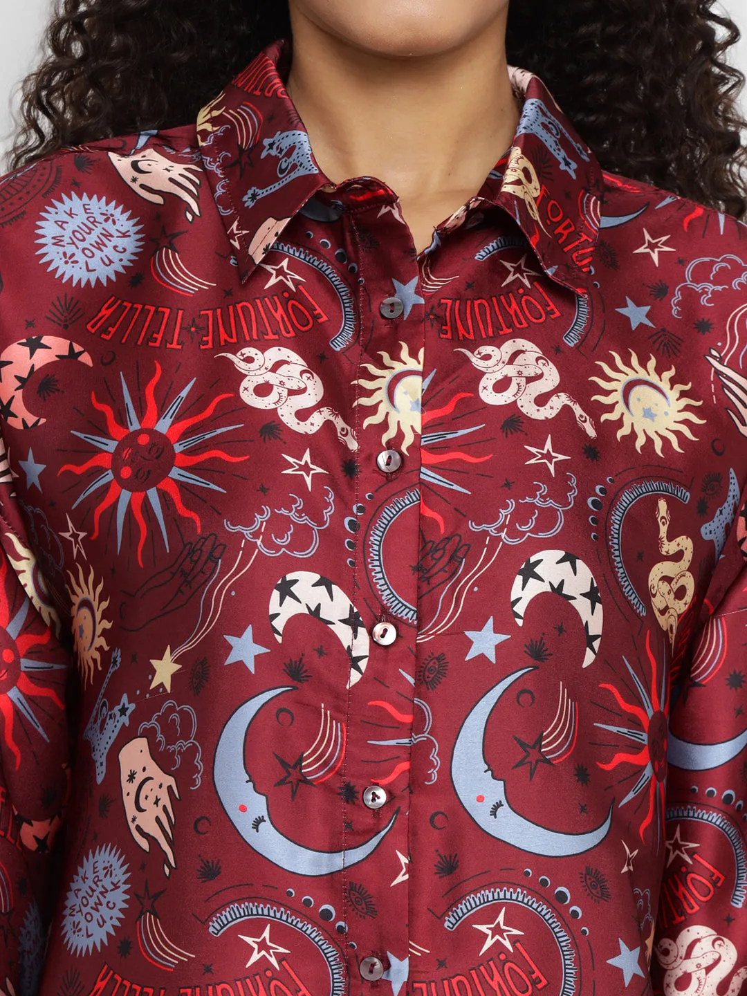 Porsorte Women’s Maroon Satin Printed Full Sleeves & Button-Down Collar Shirt