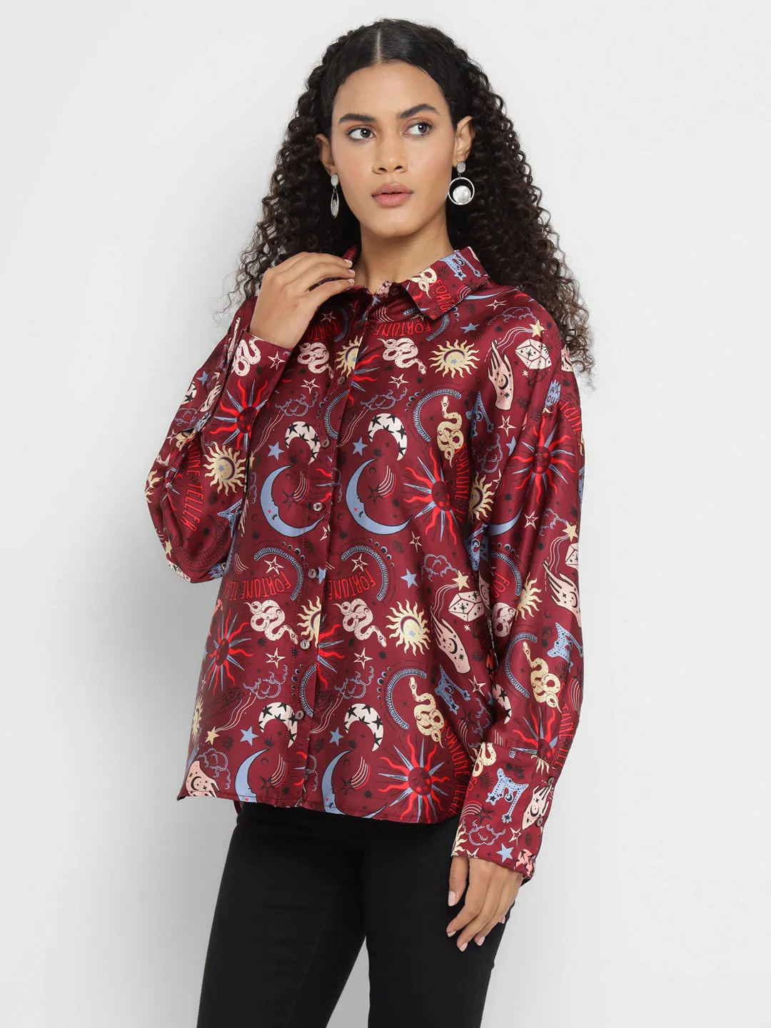 Porsorte Women’s Maroon Satin Printed Full Sleeves & Button-Down Collar Shirt