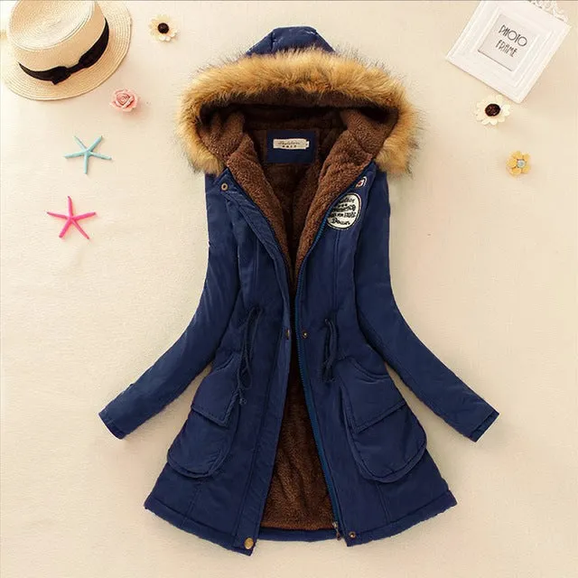 QIUXUAN Women Parka Fashion Autumn Winter Warm Jackets Women Fur Collar Coats Long Parkas Hoodies Office Lady Cotton Plus Size