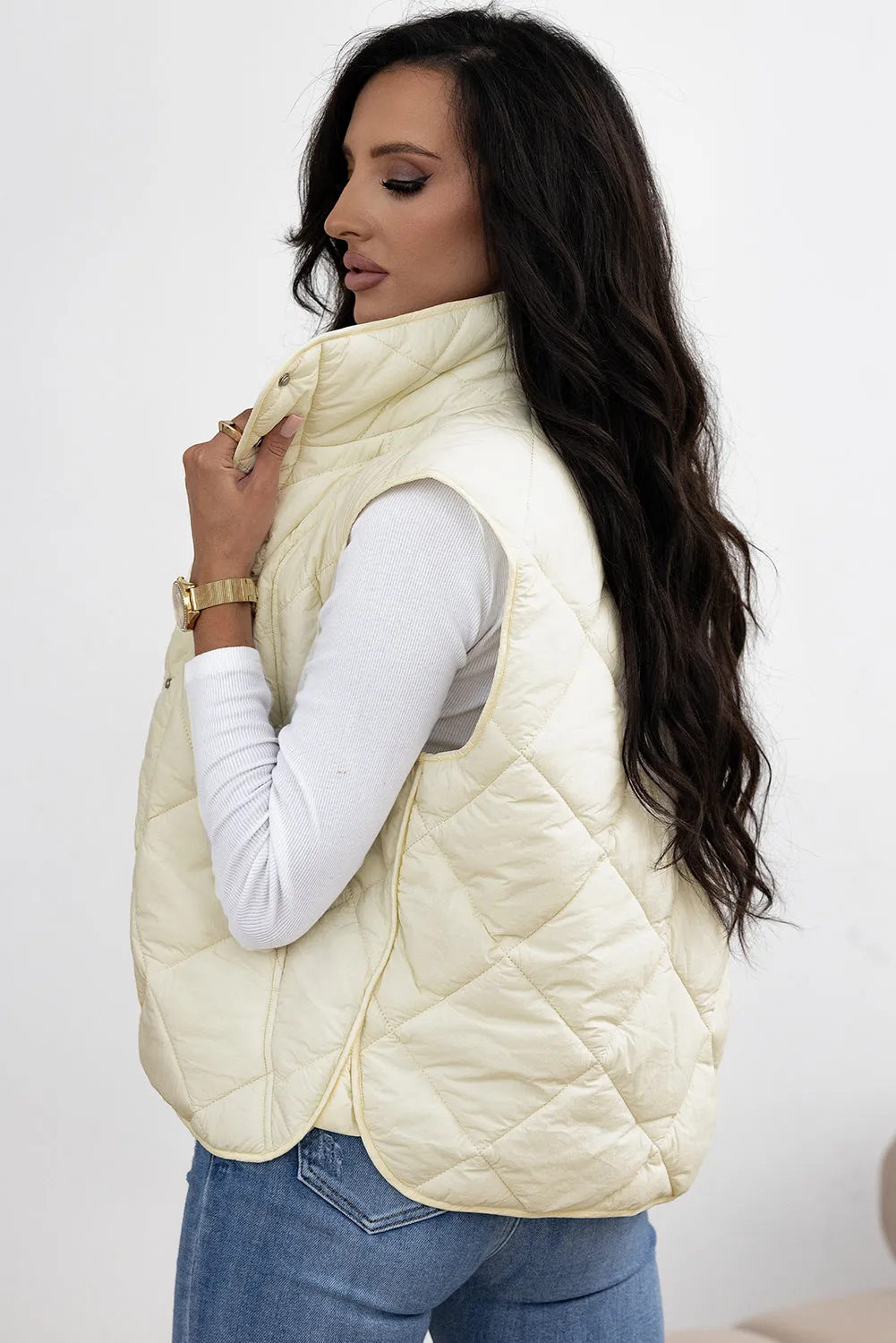 Quilted High Neck Button Up Vest Coat