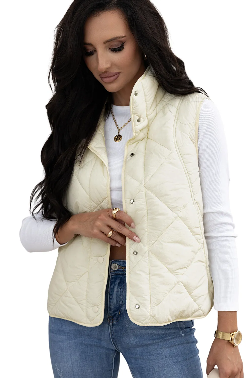 Quilted High Neck Button Up Vest Coat